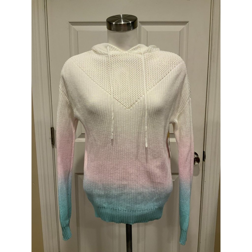 By Anthropologie White, Pink & Blue Ombre "Galicia" Hooded Sweater, Size Small
